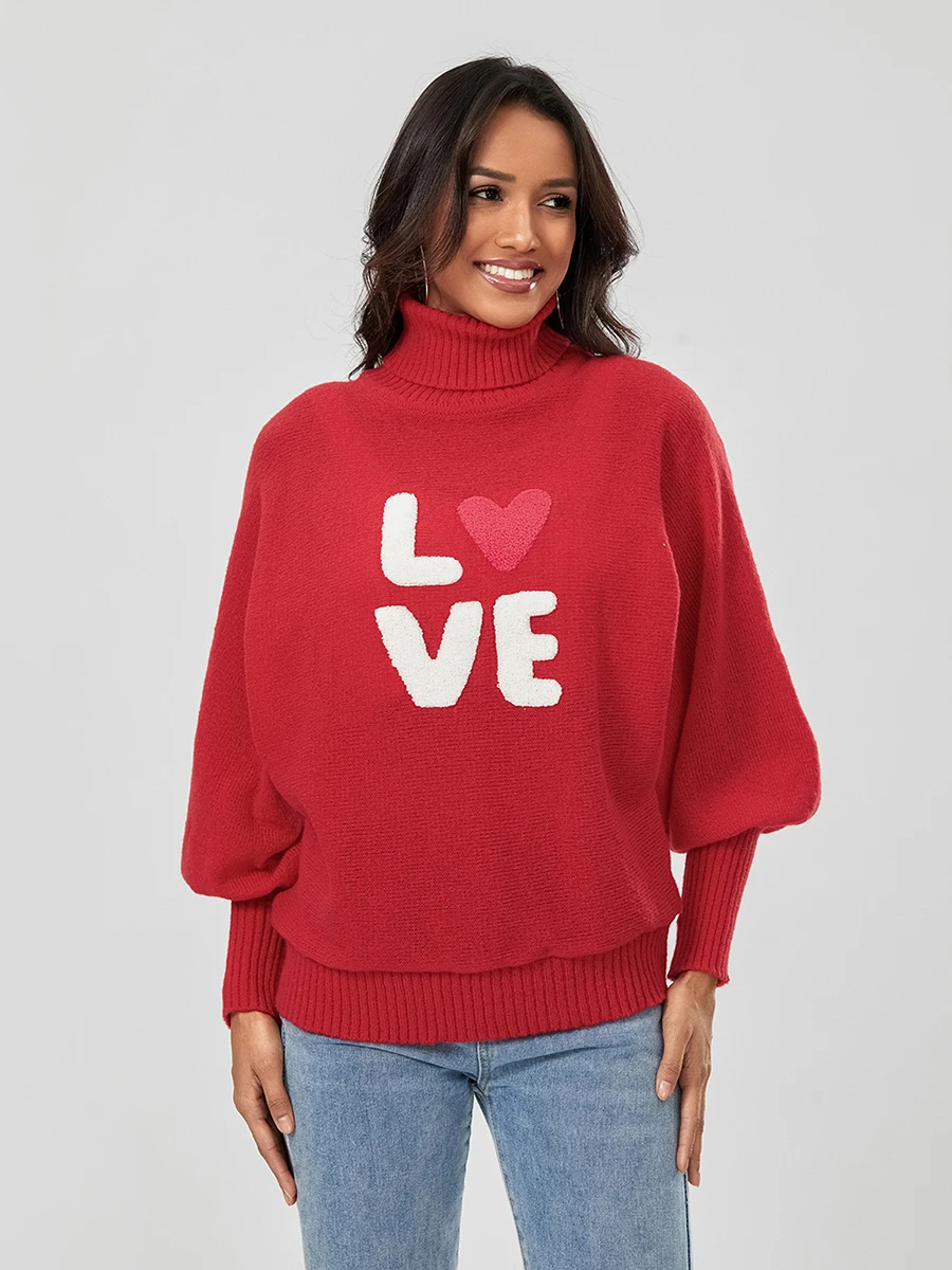 

Heart Printed Sweater for Women Long Sleeve Crewneck Pullover Oversized Knitted Sweaters Valentines Jumper Tops