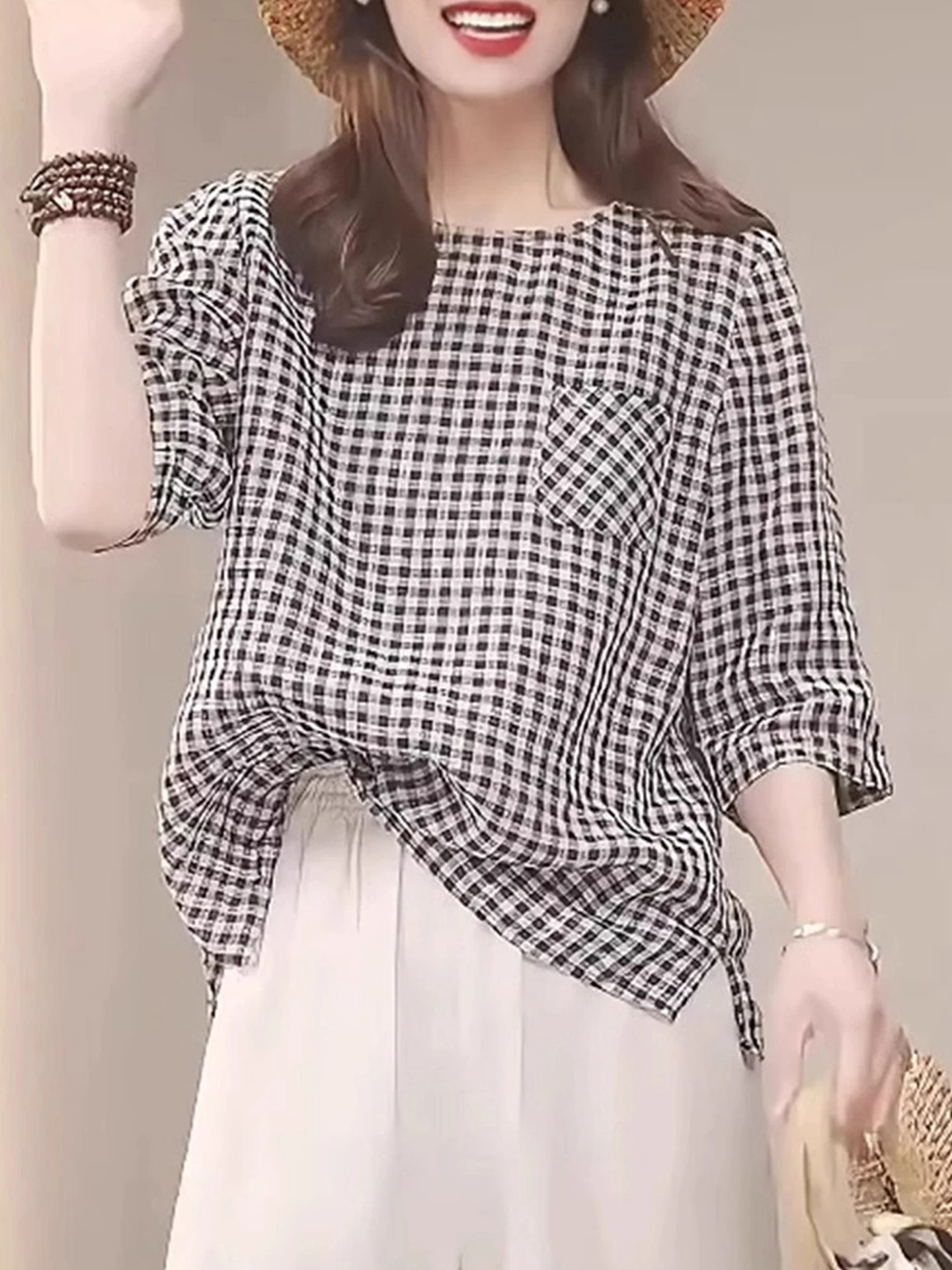 라운드 넥 디자인 한국 스타일 심플한 오팔 소매 패셔너블 다용도 셔츠 출퇴근 우아함 탑 작은 셔츠 여름 2025