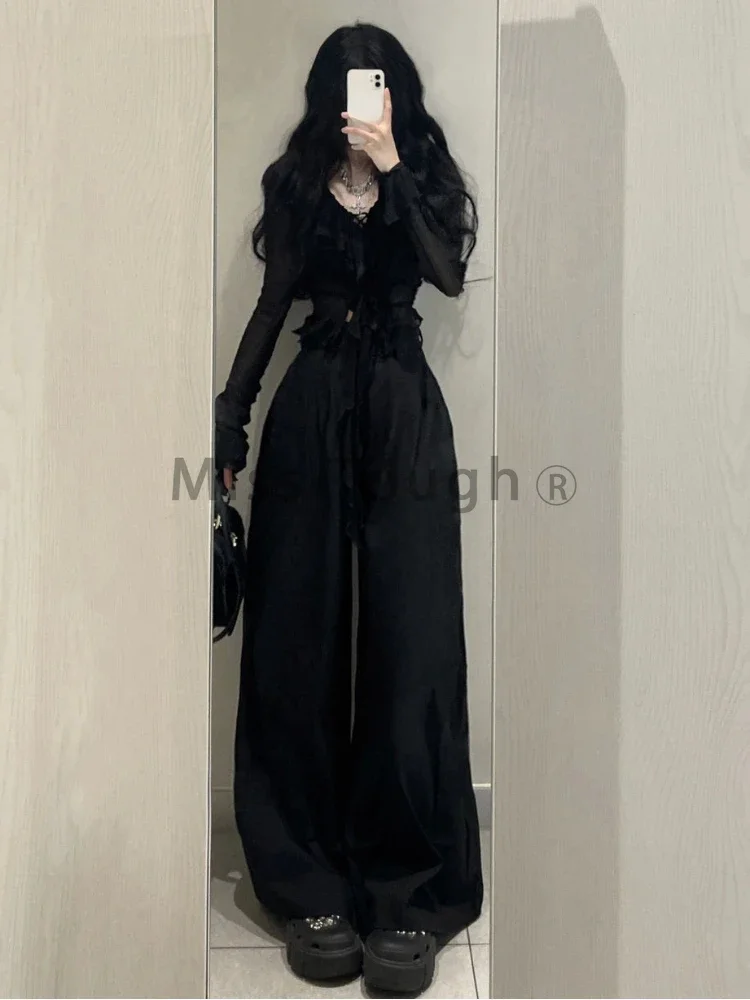 Autumn 2000s Elegant 2 Piece Sets Women Ruffles Long Sleeve Cardigan +Y2k High Waist Loose Wide Leg Pants Female Chic Clothing