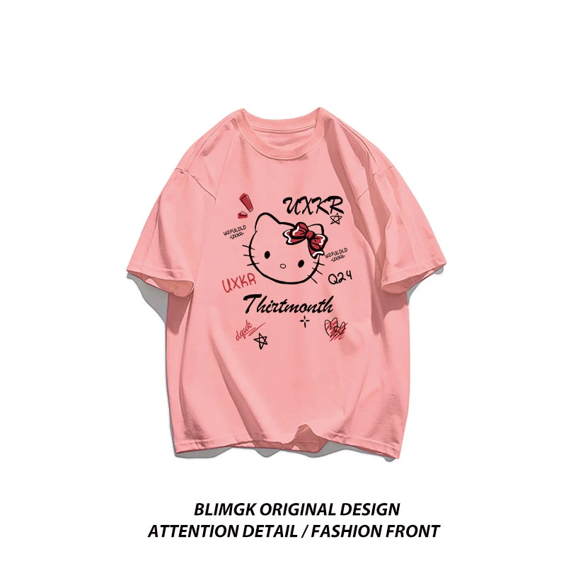 Hello Kitty Cute Academy Style Youth Woman T-Shirts Sanrio Letter T-Shirts Letter Personality T Shirt Outdoor Graphic Tops