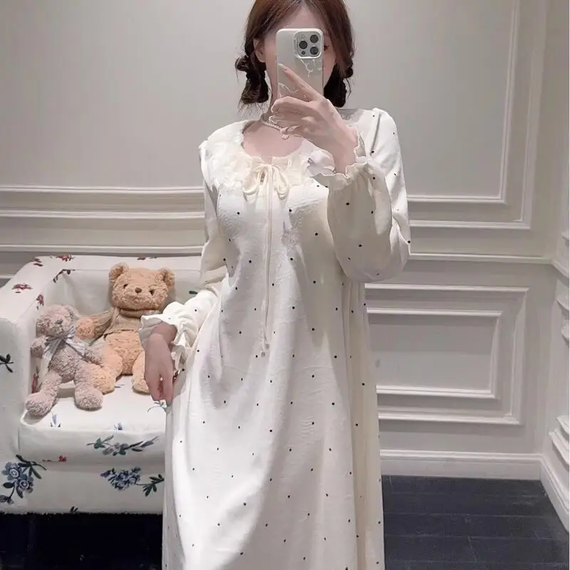 

Hot Spring Autumn New Women Mid To Long Length Long Sleeved Nightgown with Chest Cushion High-End Striped Loose Dress Home Wear