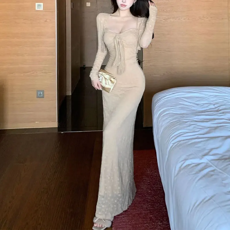 

Sexy Aura Slim Waist Slip Dress Sets Women's Stylish Folds Bow Autumn New Elegant Bag Hip Long Dress Two Piece Set Matching Sets