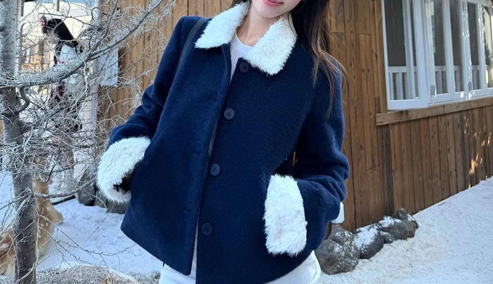 Gentle Wind Splicing Lamb Wool Collar with Cotton Thickened Coat for Women's Autumn and Winter Style Versatile Top