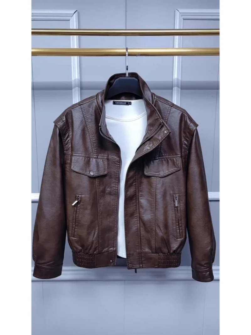 

Мужская повседневная кожаная куртка на весну-осень, модная, универсальная, трендовая, свободного кроя, с воротником-стойкой