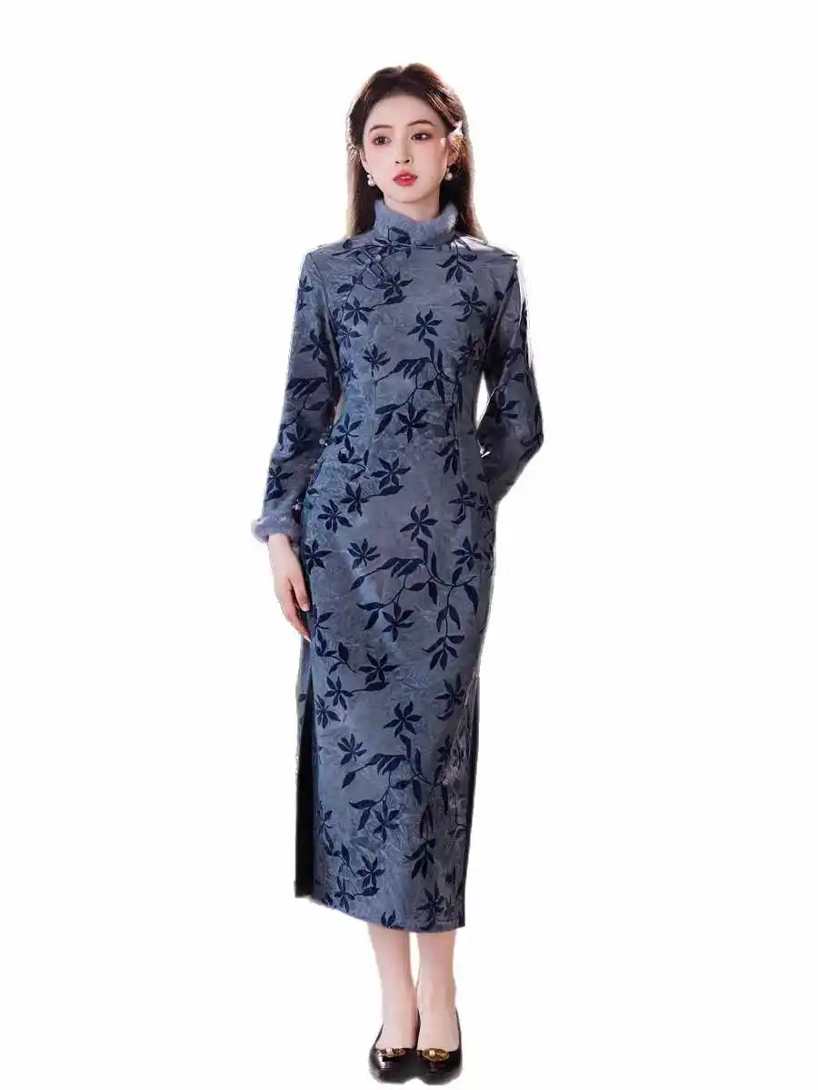 

Chinese traditional Qipao oriental Winter gown vintage blue cheongsam dress women elegant cheongsam robe