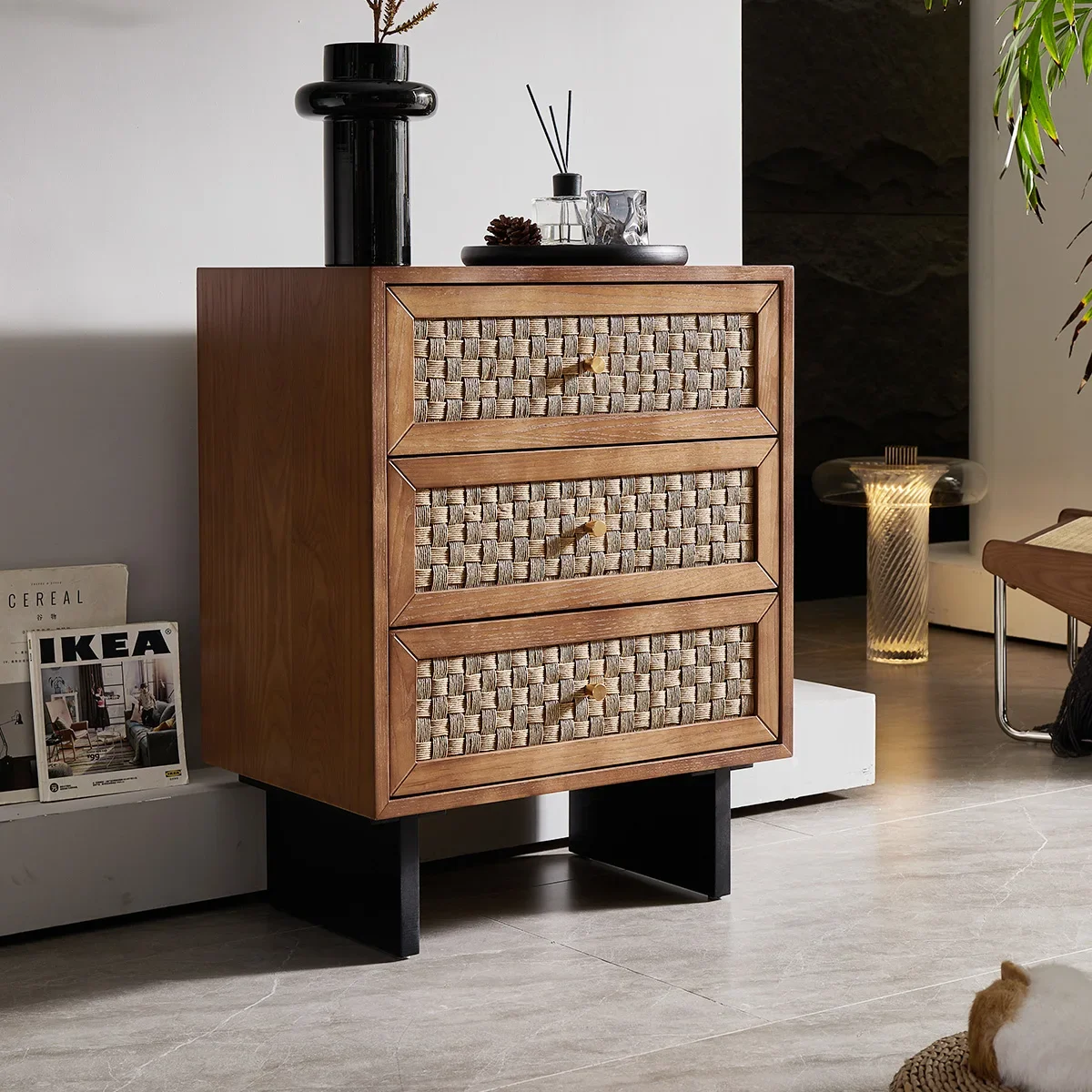 Nordic solid wood three four five chest cabinet simple modern locker bedroom multi-functional bedside table rattan storage