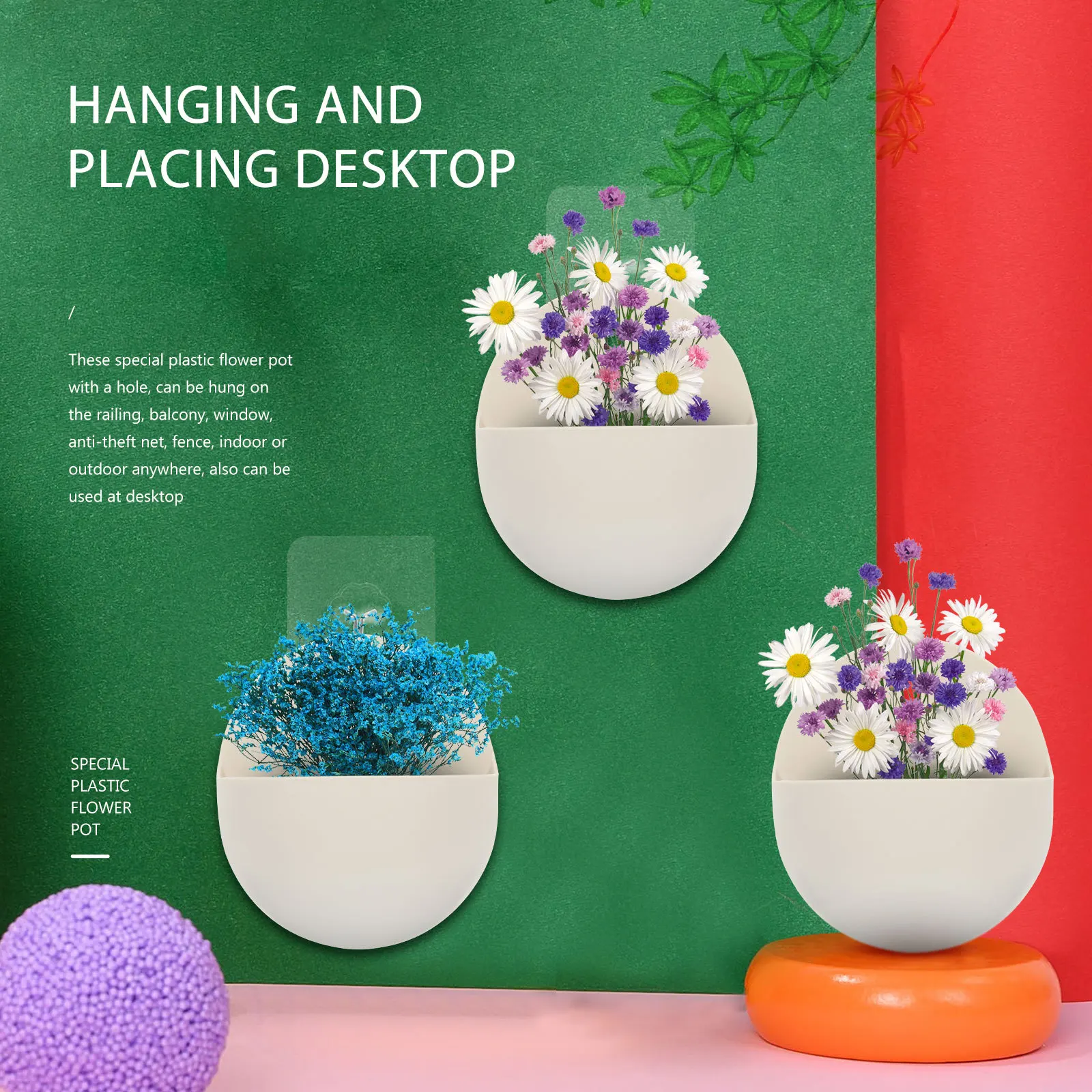 

4Pcs Plastic Flower Buckets Balcony Semi-Circle Hanging Flowerpot Wall Planter Gardening Plant Container Outdoor Decor