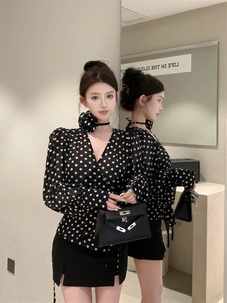 French Polka Dot Lace Up V-neck Long Sleeved Shoulder Shirt Women Summer Haute Couture Temperament Loose Black Blouse