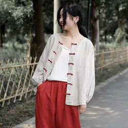 Retro Ethnic Print Linen Shirt Summer Linen  Cotton Women  Clothing  Spring and Autumn Loose Literature Chinoiserie Ladies Top