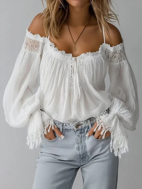 Blusa mujer hombros descubiertos manga linterna con cordones flecos