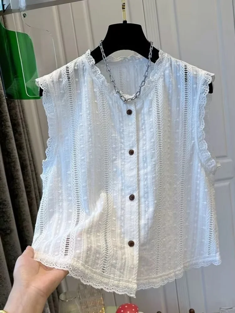 

Sleeveless Korean Lace Patchwork Shirts Summer Hollow Out Fashion Blouses For Women O Neck All Match Blouses Camisas De Mujer