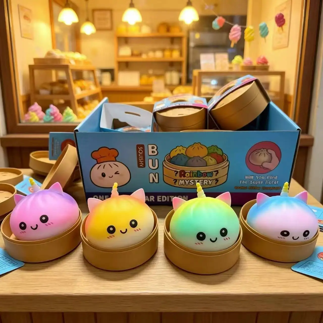 Neuer Einhorn-Dumpling-Squishy mit Dampfgarer-Box, Quetschspielzeug zur Stresslinderung für Erwachsene, Anti-Angst-Geschenk