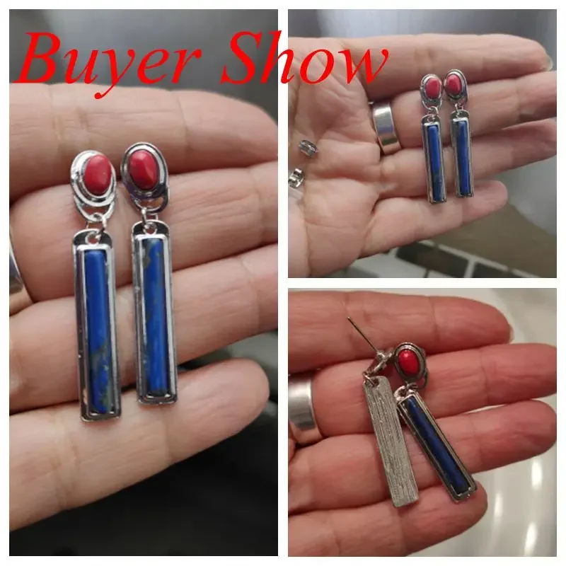 Ethnic Style Long Vertical Lapis Lazuli Drop Earrings Vintage Jewelry Handmade Round Red Stone Pendant Earrings for Women