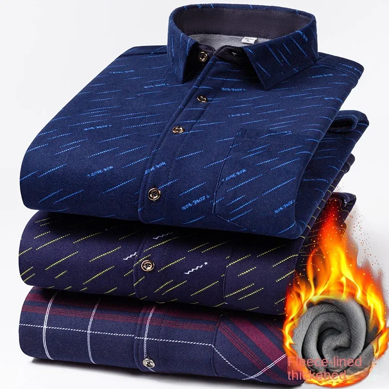 2025 New in Fleece Lining Men's Double-sided Velvet Autumn Winter Plaid  Long-sleeved Shirt Winter Middle-aged and Elderly Shirt