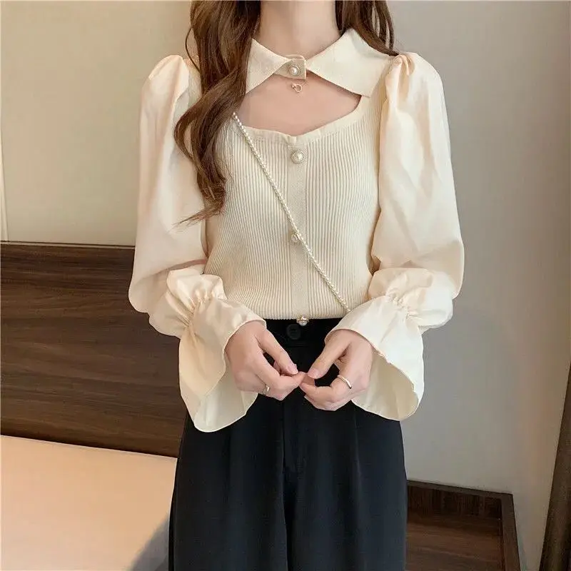 Sweet Korean Patchwork Slim Shirt Tops Spring Autumn Long Sleeve Hollow Out Solid Trend T Shirts Fashion Elegant Women Cloth