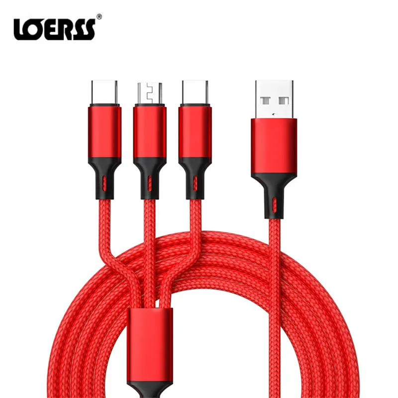 LOERSS-Micro USB Tipo C Cabo de carregamento rápido, 3 em 1, 5A, Cabo de dados para iPhone, Samsung, Xiaomi, Huawei