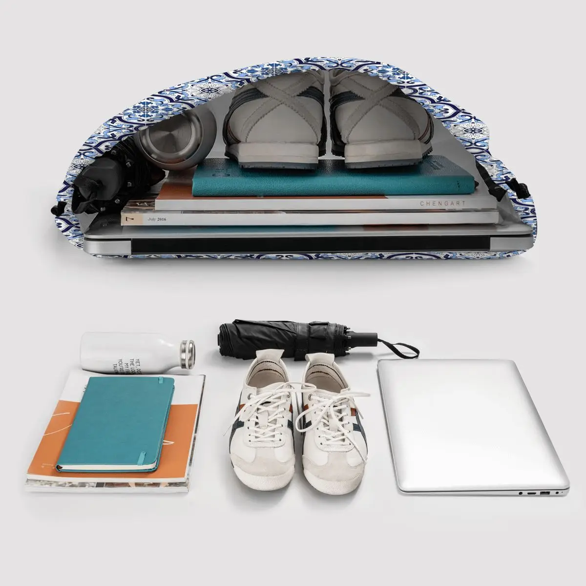 الأزرق المزخرف الأزهار البحر الأبيض المتوسط الصقلية بلاط 1 حقائب الظهر متعددة الوظائف المحمولة الرباط أكياس حقيبة التخزين أكياس الكتب