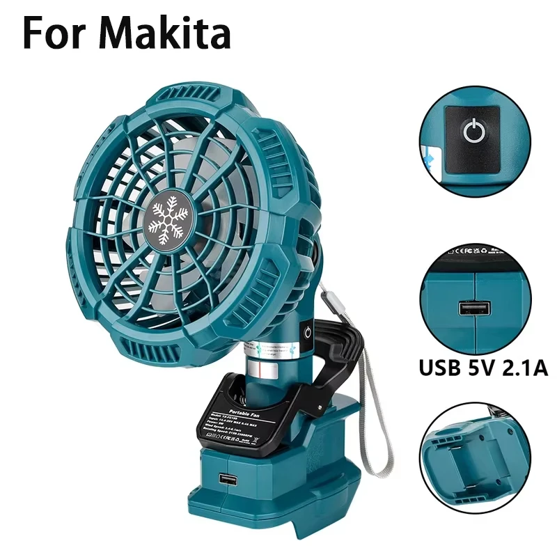 Tragbarer Clip-On-Ventilator für 18-V-Lithiumbatterien von Makita. 3 energieeffiziente Geschwindigkeitseinstellungen für Schlafzimmer, Outdoor, Camping und Baustelle