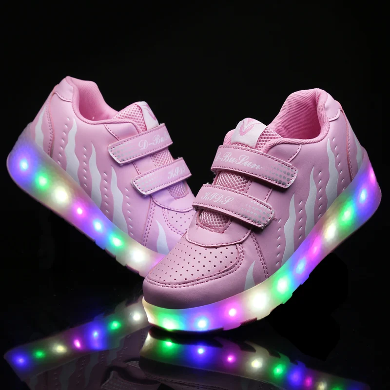 Children’s Two Wheels Luminous Glowing Sneakers Heels Pink Led Light Roller Skate Shoes Kids Led Shoes Boys Girls USB Charging