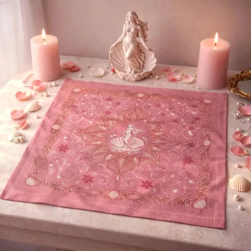 Tapis d'autel de tarot rose Aphrodite Vénus, motif floral coquillage, pour divination sorcière, rituels spirituels Wicca et décoration intérieure