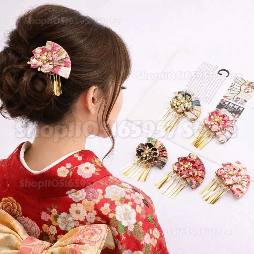 

Women Hairpin Faux Pearl Flower Fan Decor Japanese Traditional Dress Kimono Robe Hair Clip Kids Girls Cosplay Hair Accessories