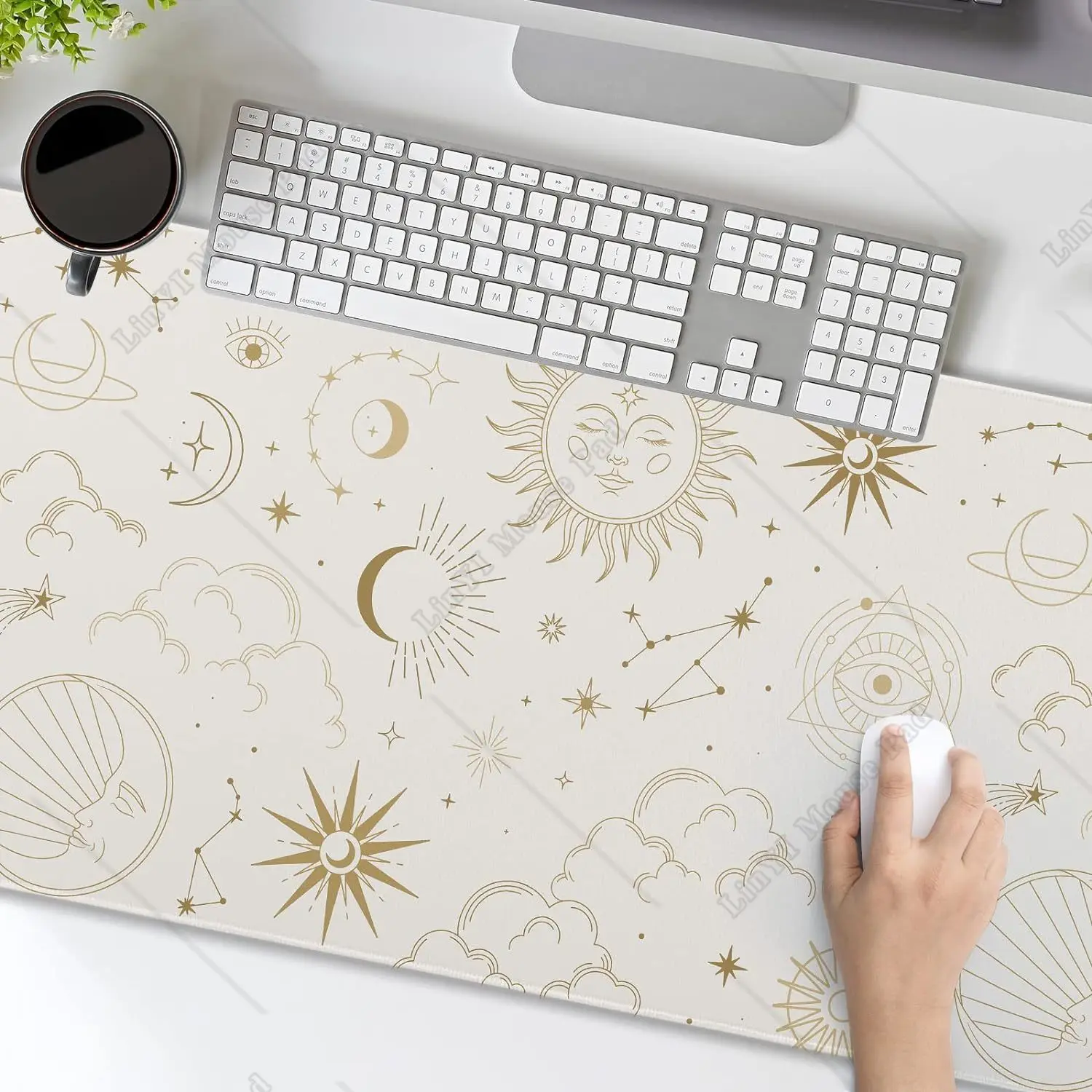 Imagem -05 - Boho Moon Large Mouse Pad Lua Estrela Nuvem Tapete de Mesa Branco Grande Antiderrapante Base de Borracha Borda Costurada