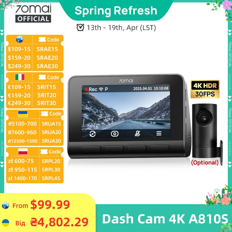 New 70mai 4K Dash Cam A810S HDR Supercapacitor 4G LTE Wi-Fi ...