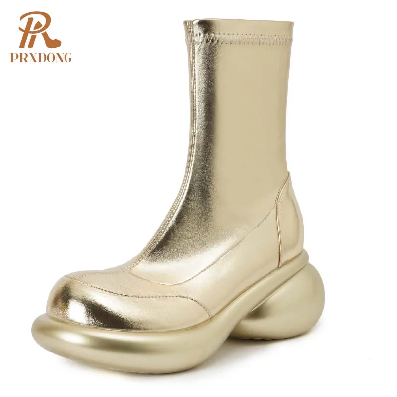 

PRXDONG INS 2024 New Fashion Women ANkle Boots Chunky Heels Round Toe Gold Silver Zipper Dress Party Casual Female Shoes 34-39