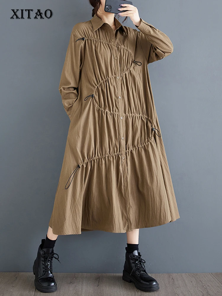 

XITAO Loose Fashion Pleated Female Dress Long Sleeve Mid Calf Temperament Turn Down Collar Loose A-line Dresses Autumn GYX1048