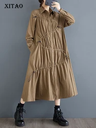 XITAO Loose Fashion Pleated Female Dress Long Sleeve Mid Calf Temperament Turn Down Collar Loose A-line Dresses Autumn GYX1048