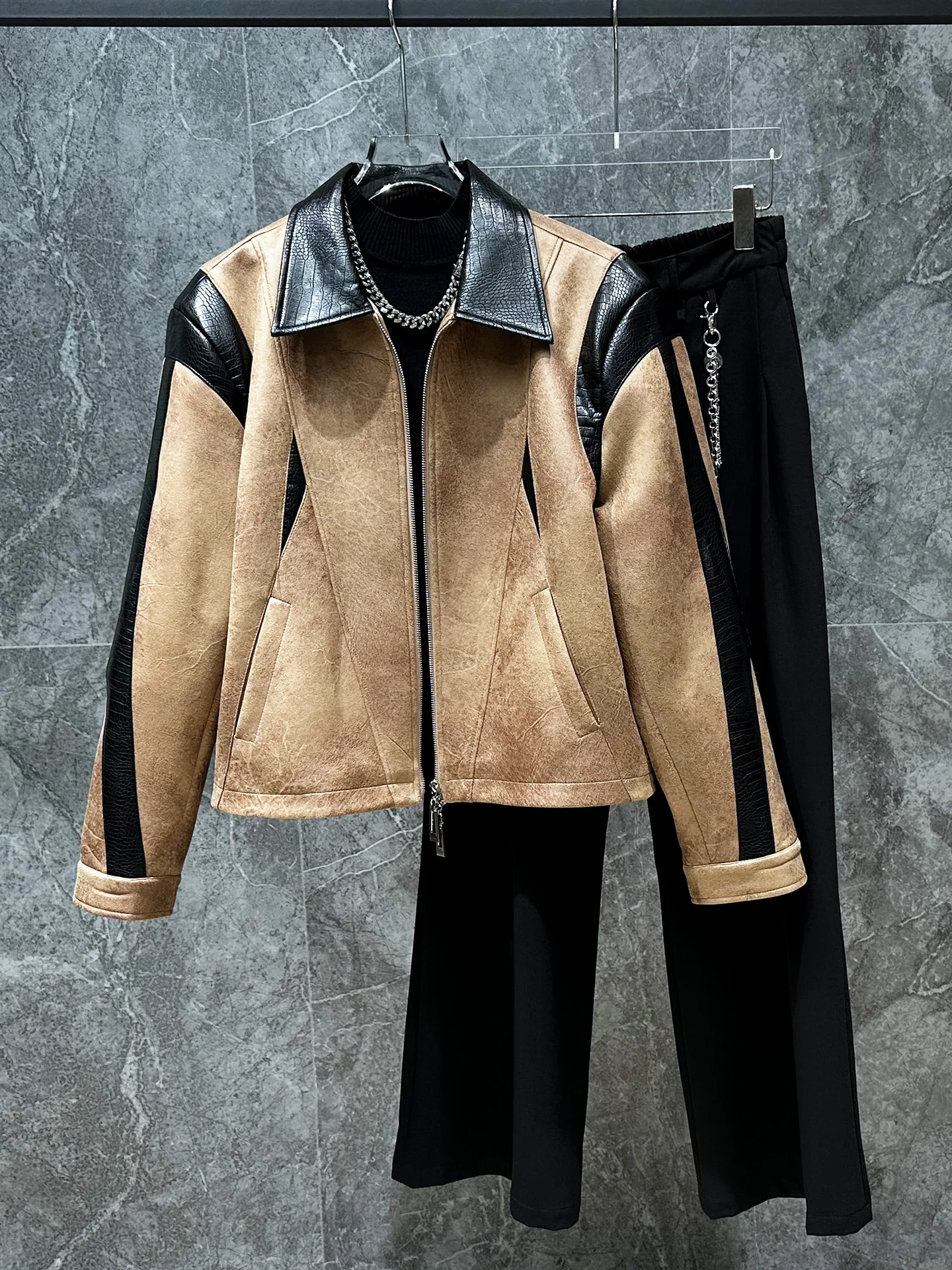 

Retro Color Blo Leather Jaet Loose Casual Men's Faion ort Coat Youth ular Polyester Fiber Winter Outerwear