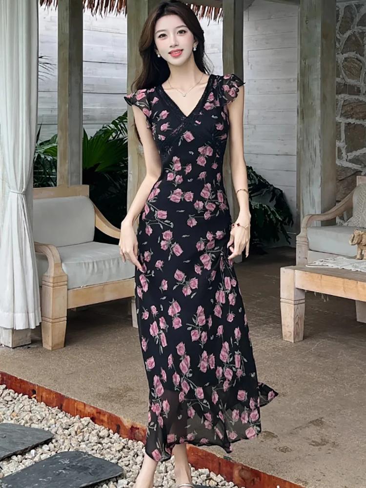 2025 สีดําชีฟองดอกไม้บินแขนเก๋ลูกไม้คอวีชุดผู้หญิงวินเทจB Odyconหรูหราชุดยาวฤดูร้อนชุดพรหมหรูหรา