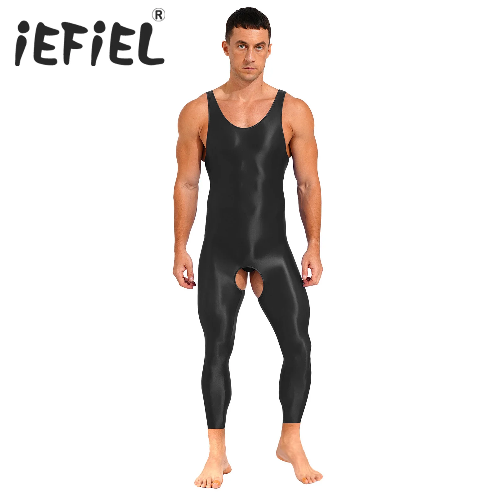 

Mens Glossy Sexy Jumpsuit Open Crotch Tights Close-fitting Solid Color Stretchy U Neck Sleeveless Bodycon Bodysuit Nightwear