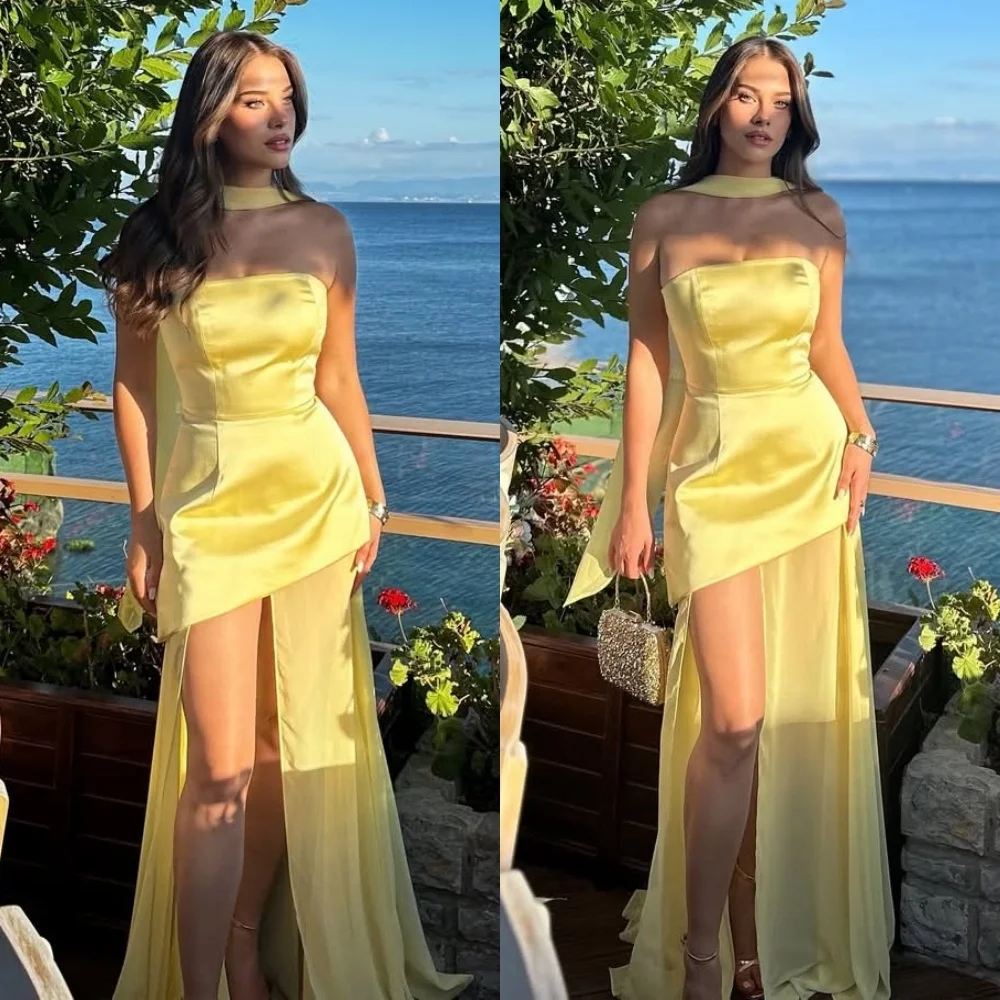 Customized Elegant Yellow Satin Evening Dress High Quality Strapless Ribbon Prom Dress Zipper Back Bespoke Occasion Gowns