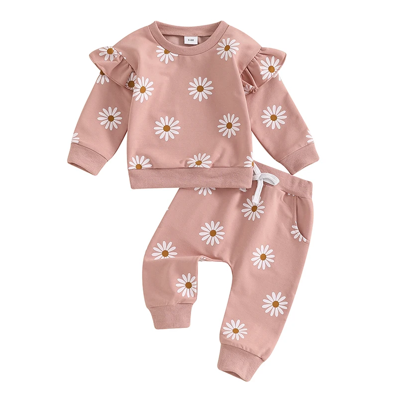 Toddler Girl Fall Outfit Daisy Print Long Sleeve Sweatshirt with Elastic Waist Pants 2 Pcs Set