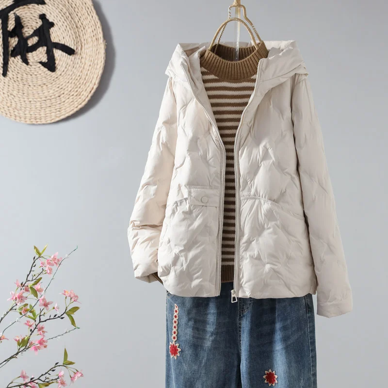 Autumn Women Ultra Light Puffer Jacket Short Loose Warm Casual Outwear With Hood Female 90% White Duck Down Coat