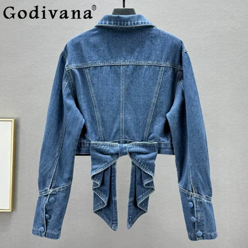 

Fashion European Versatile Turn-down Collar Short Denim Jacket Womens Spring New Slim Fit Chic Bow Long Sleeve Blue Leisure Top