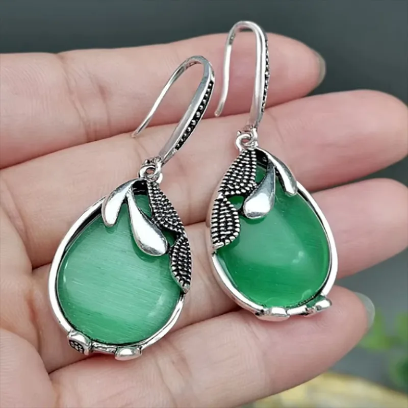 

Huaya Elegant Women's Water Droplets Green Stone Pendant Earrings Ancient Silver Banquet Personality Accessories Trend