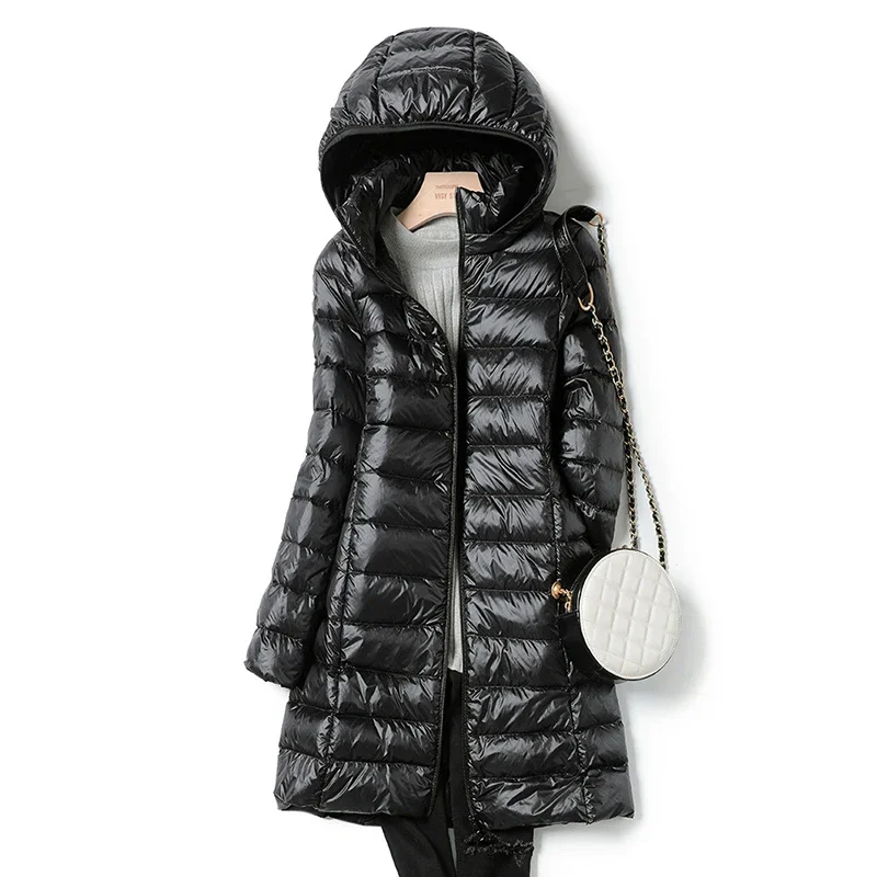 Women Down Jackets Long Ultra Light Thin Coat Plus Size Autumn Winter Casual Puffer Jacket Hooded Parka Coat Loose Fit Zippers