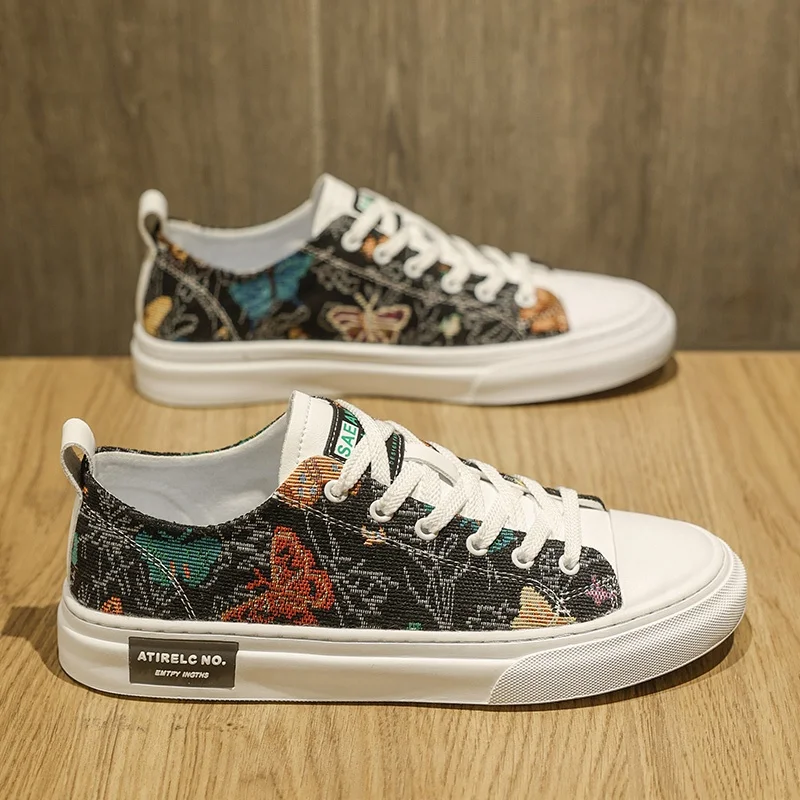 Trendy Men's Canvas Shoes Autumn Casual Flat Bottom White Sneakers Soft Bottom Lightweight Printed Cloth Sports Shoes