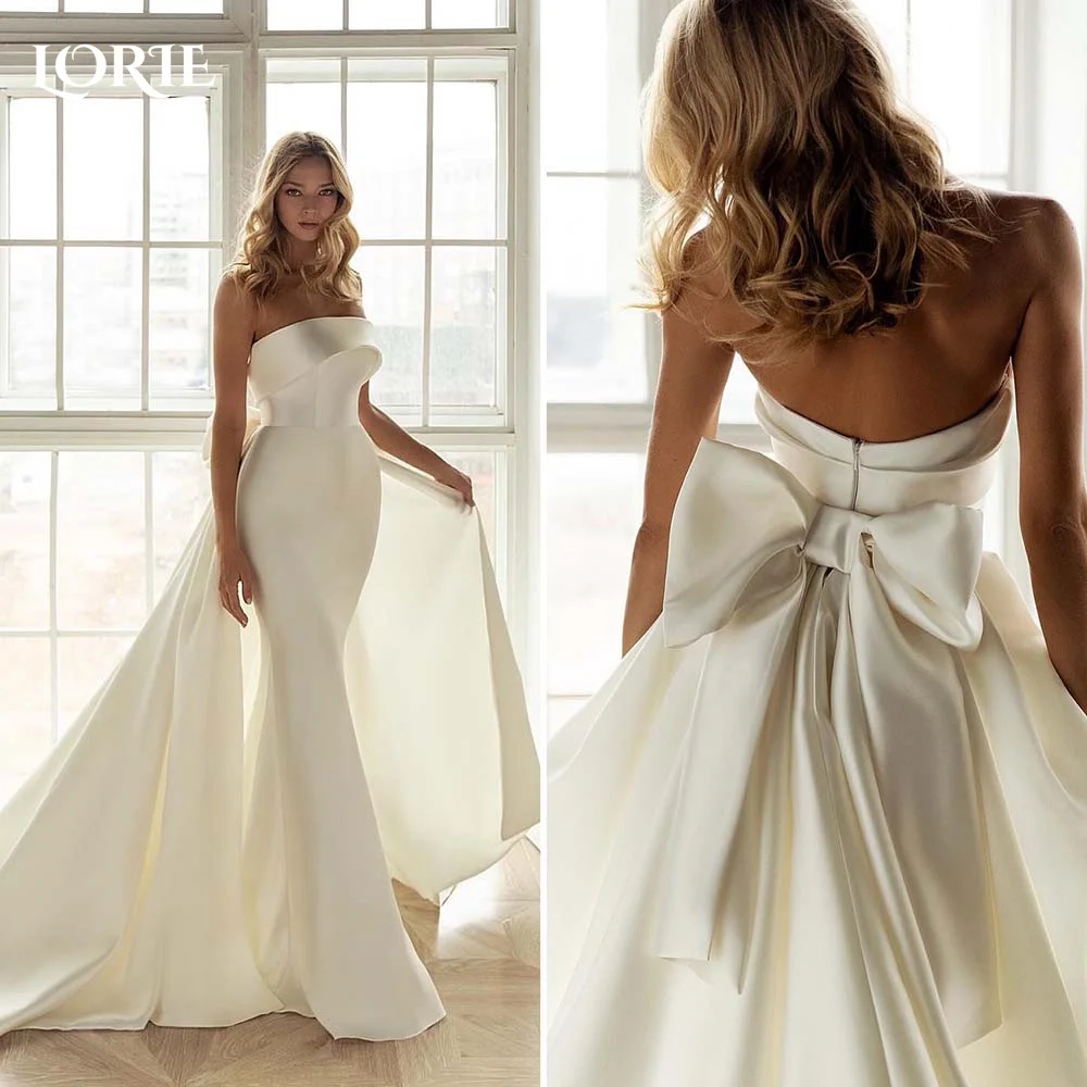 LORIE Bow Mermaid Wedding Dresses Solid Satin Strapless Ribbons Sweep Train Bridal Gowns Vintage Customed Bride Dress Bride Gown