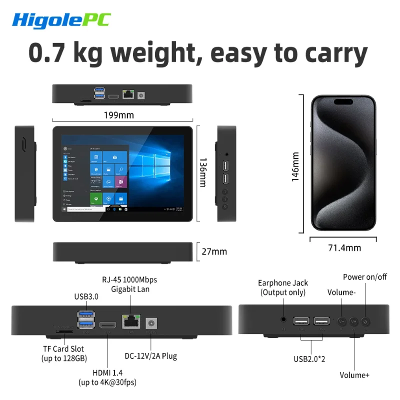 Higole F3 APL 1280×800 IPS Intel N4200 Mini PC Win 10 WiFi5 4GB LPDDR4 64GB eMMC RJ-45 1000Mbps 4K HDMI Desktop Touch Screen PC