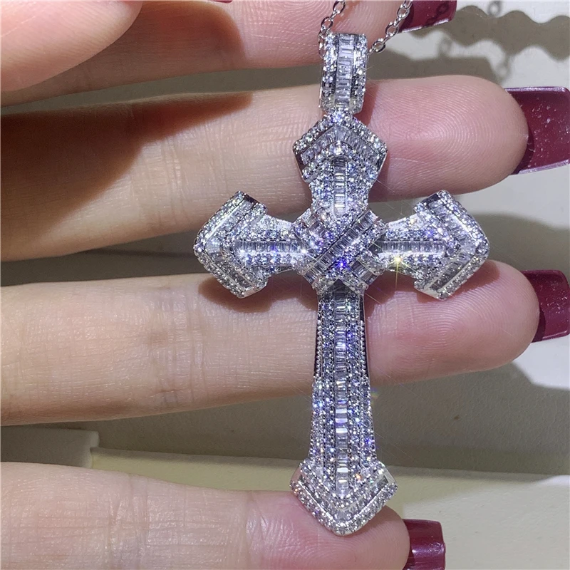 2019 New Arrival Vintage Fashion Jewelry 925 Silver Color AAAAA Cubic Zirconia Cross Pendant Wedding Women Necklace For Men