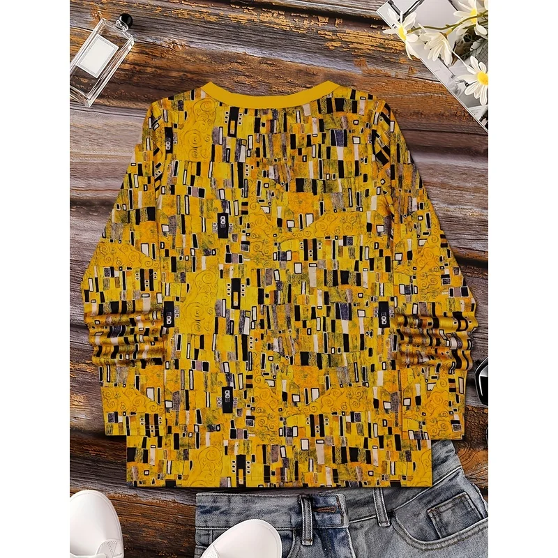 New Arrival Women's Casual Long Sleeve Top V Neck Plaid Patchwork Printed Painting Graphic Fashion Loose Comfortable T Shirt