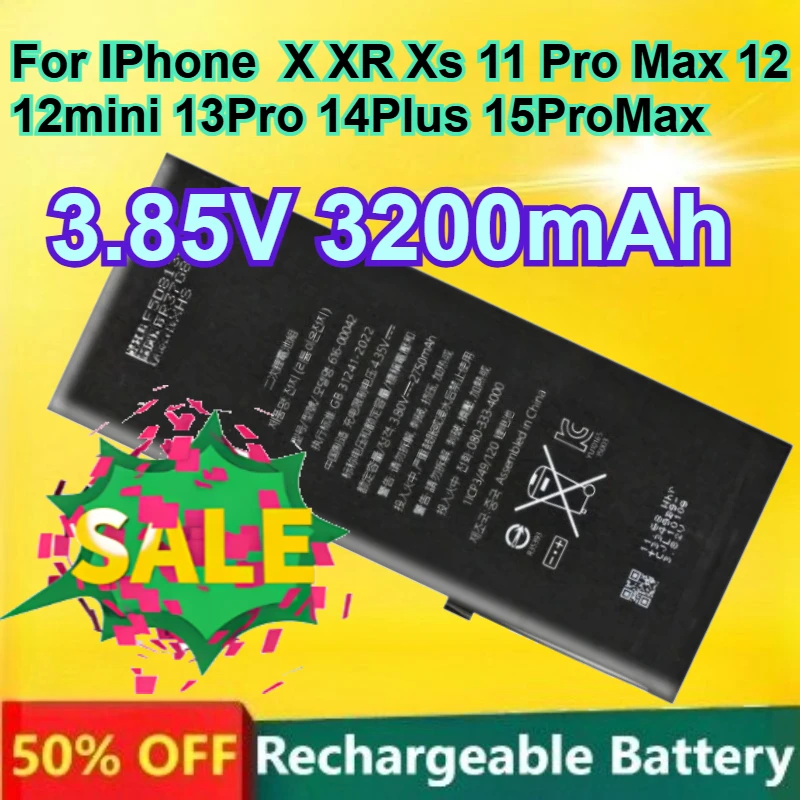 

Lithium Battery for IPhone X XR Xs 11 Pro Max 12 12mini 13Pro 14Plus 15ProMax High Capacity Rechargeable Mobile Phone Battery