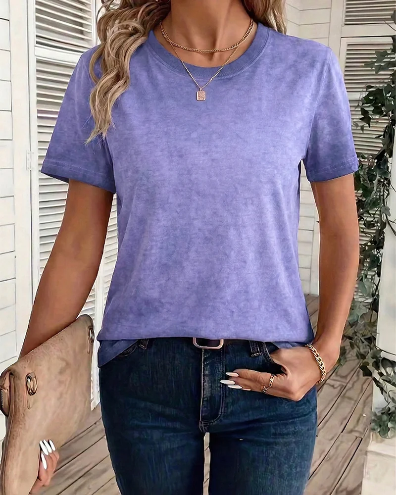 New Women's Gradient Blue-Violet T-Shirt Short Sleeve Pure Cotton Top Color Fade Women's Fashion Summer Casual Tee