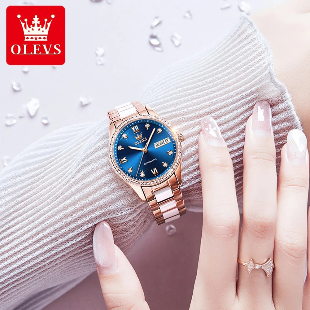 OLEVS 6637 reloj mecánico de moda regalo correa de reloj de cerámica reloj de pulsera de esfera redonda calendario de visualización semanal luminoso