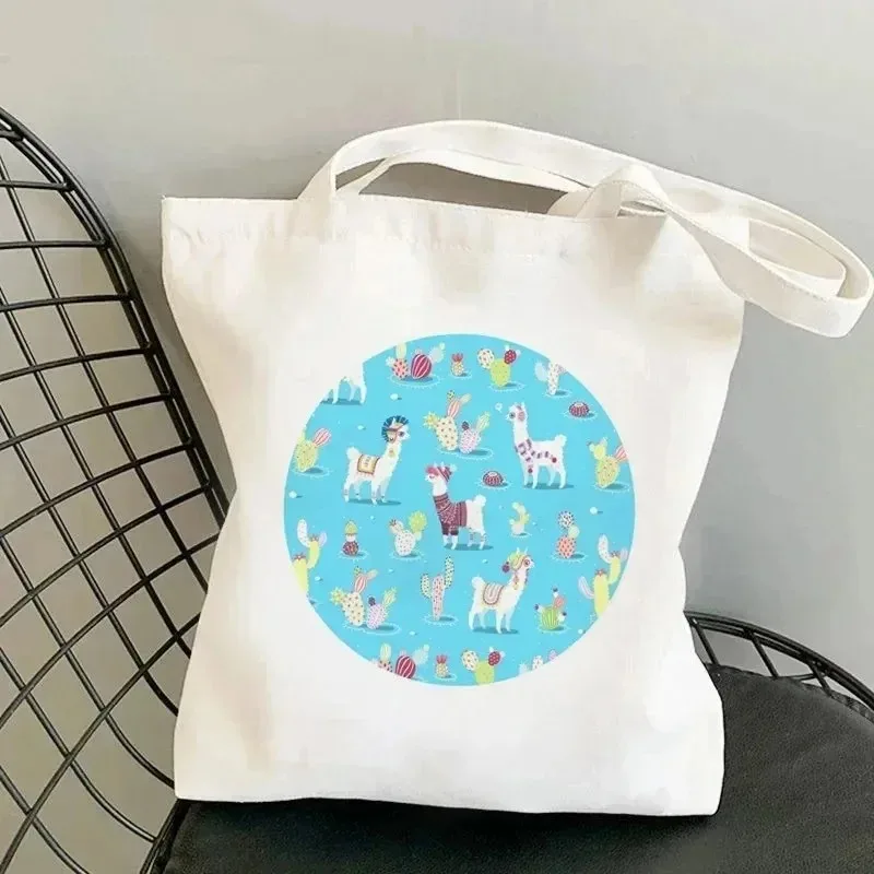 

2026 new White Canvas Tote Bag Cute Alpaca & Cactus Print Reusable Shoulder Bag Casual Eco-friendly Tote for Animal Lovers
