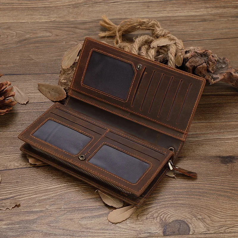 Crazy Horse Leather Long Wallet for Men, Zipper Closure with Multiple Card Slots