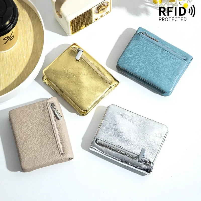 Genuine Leather Short Bifold Wallet RFID Protected Multi Slots Card Purse with Zipper Coin Pocket Men Women Credit Cards Wallet